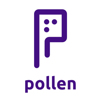 Purple stylized letter P with three dots above the word pollen in lowercase.